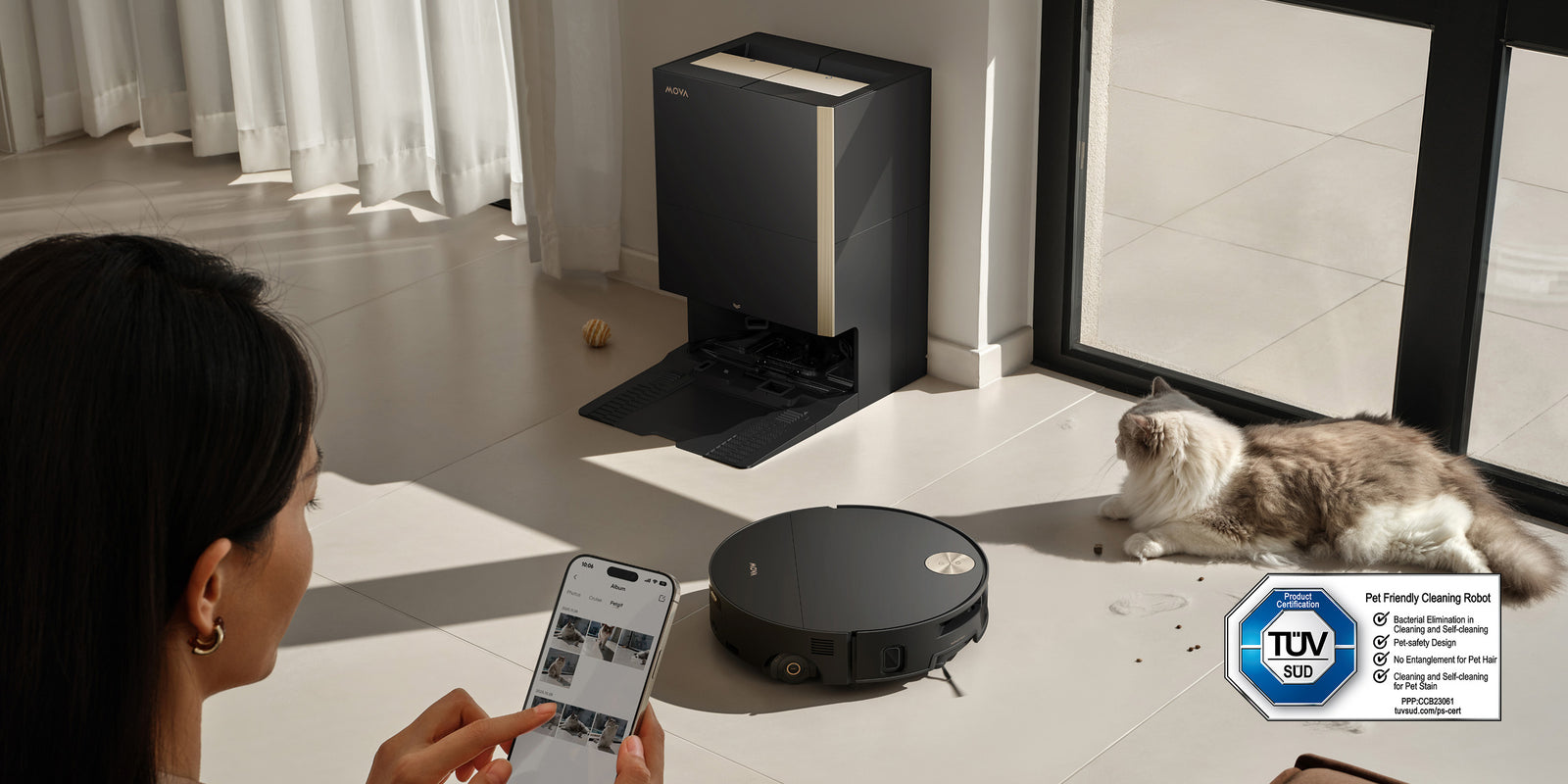AI PetMate Mode 
Cleans &amp; Captures Pet Moments - 
